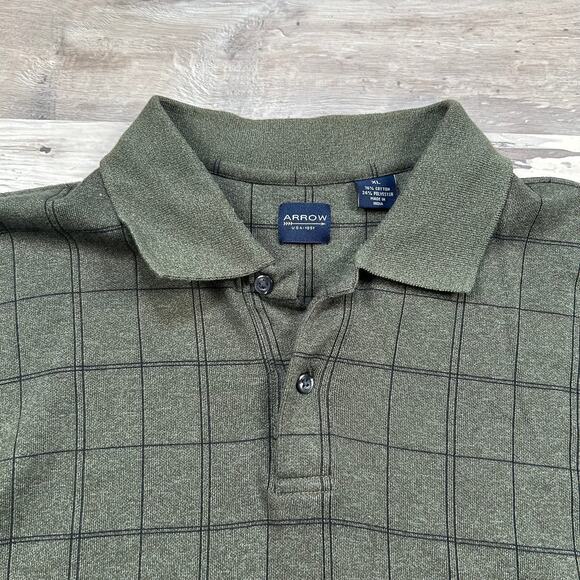 Arrow Vintage Olive Green Long Sleeve Polo Shirt Plaid XL Grandpa Style - Picture 4 of 5